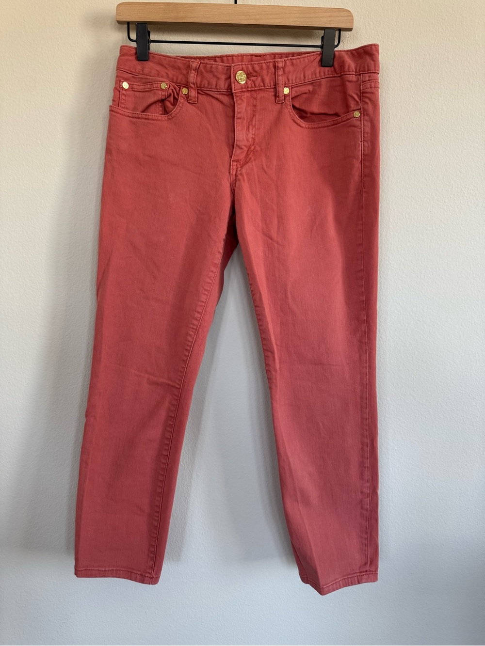 Tory Burch Alexa Cropped Skinny Jeans Pink Coral Gold Hardware Luxury Denim 28